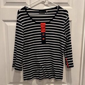 ORLY Striped 3/4 Sleeve‎ Round Neck Top Women's Large Red White Blue Coastal